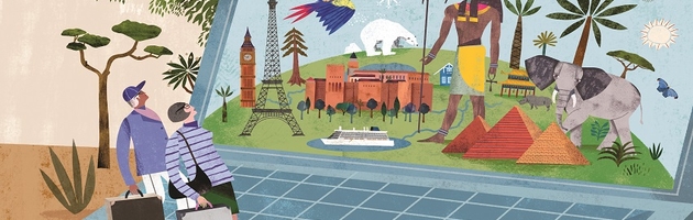 A graphic with two travelers exploring the world through a laptop screen