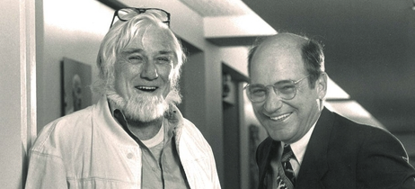 A black and white photo of Road Scholar Founders Marty Knowlton and David Bianco