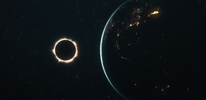 A solar eclipse seen from space next to the planet Earth, with its city lights glowing in the darkness.
